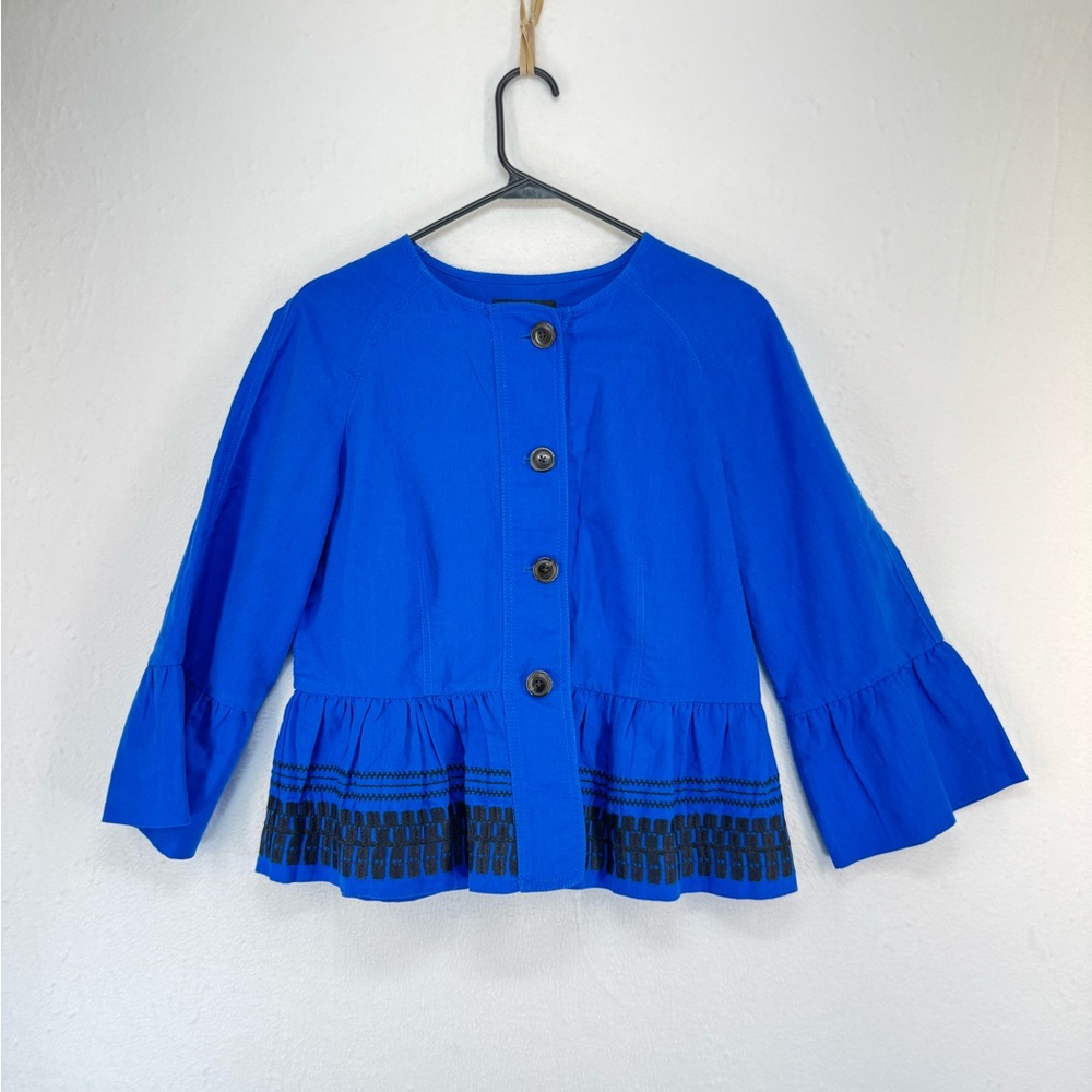 Ann Taylor Blue Embroidered Button Front Flounce Linen Blend Jacket Top Size S